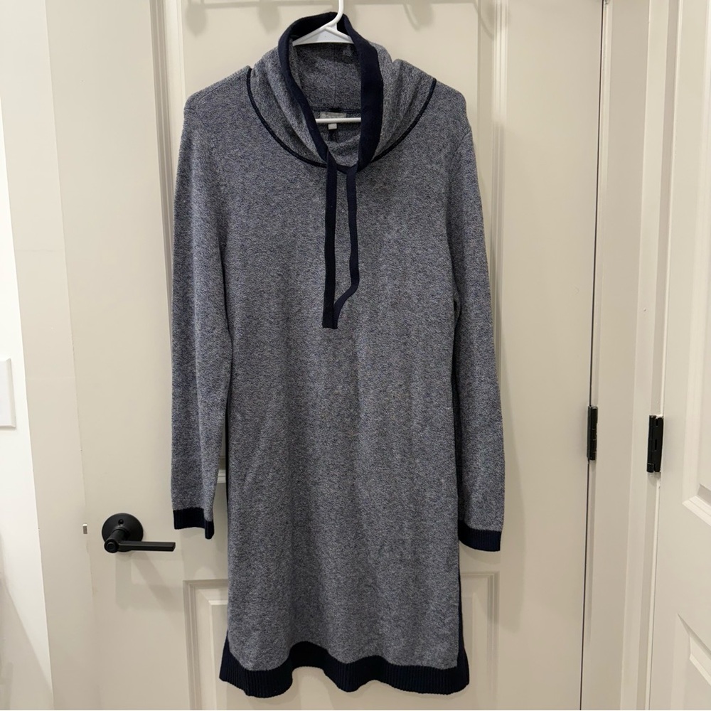 T by Talbots Marled Cowl Neck Tie Sweater Dress Navy Blue Grey Winter Size M